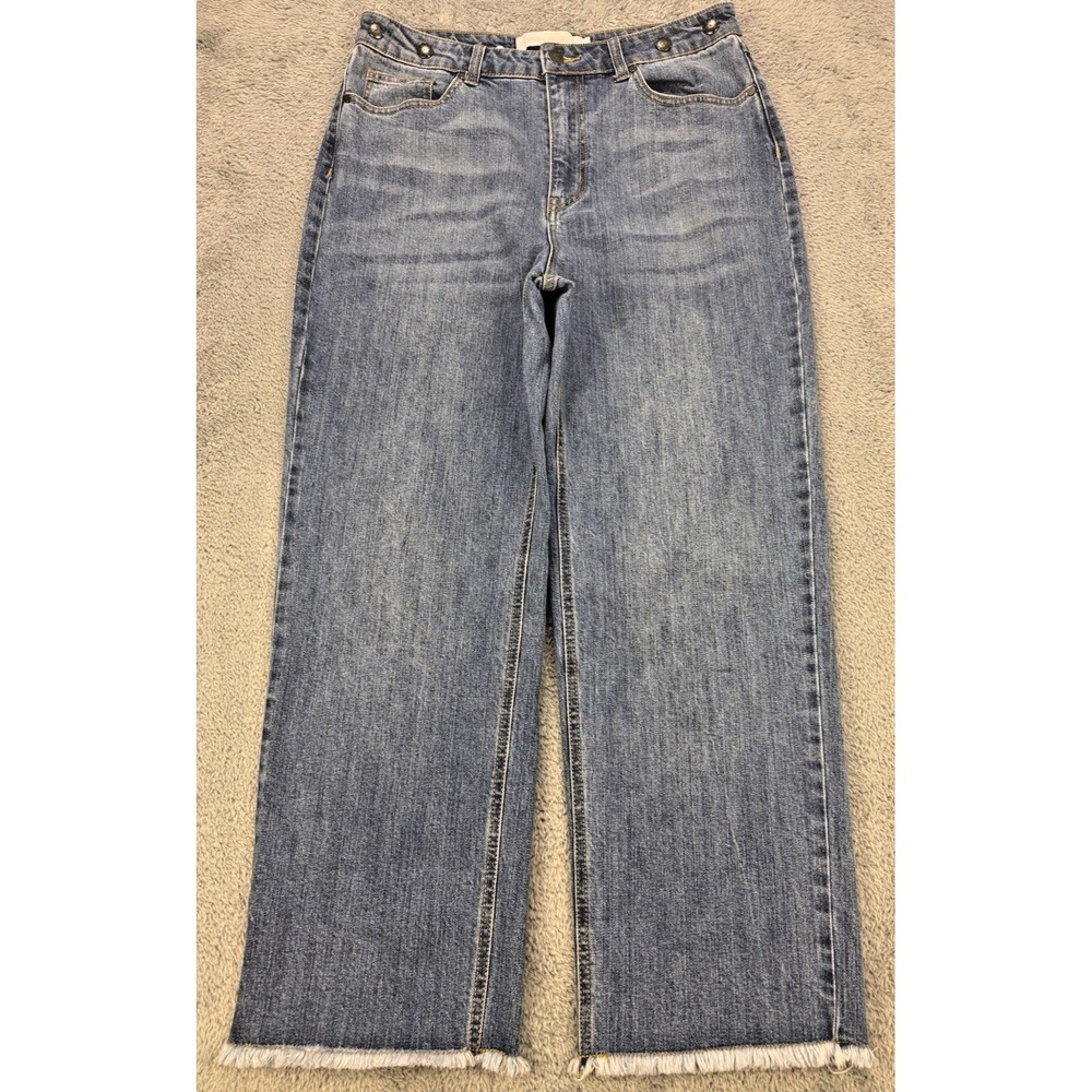 Flag & Anthem Kittenish Jeans Women 8 Blue Wide Straight Leg Raw Hem‎ Whiskered